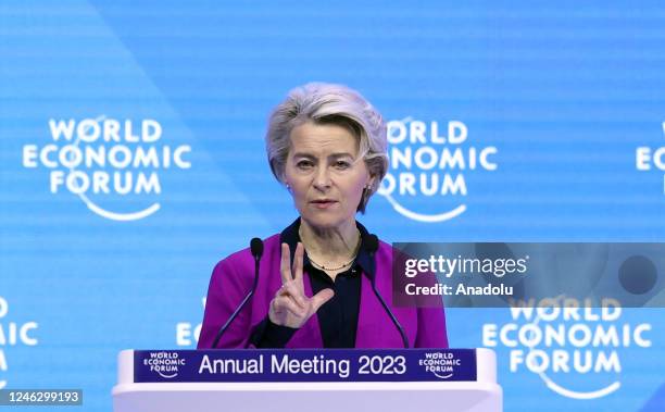 European Commission President Ursula von der Leyen speaks during the World Economic Forum Annual Meeting in Davos, Switzerland on January 17, 2023.
