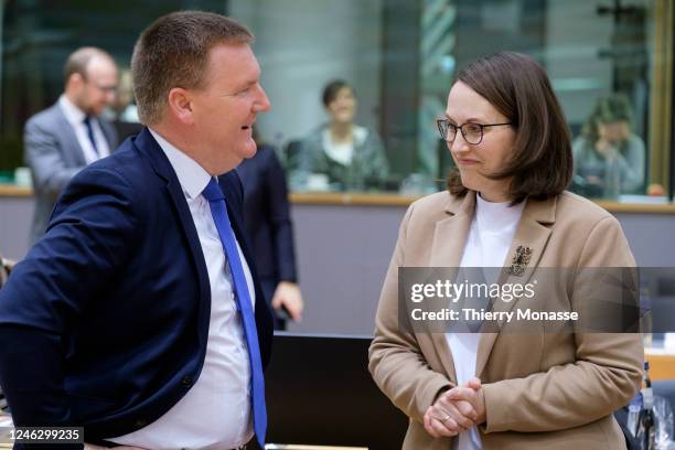 Irish Minister Minister for Finance Michael McGrath is talking with the Polish Minister of Finance Magdalena Rzeczkowska prior an EU EcoFin Ministers...