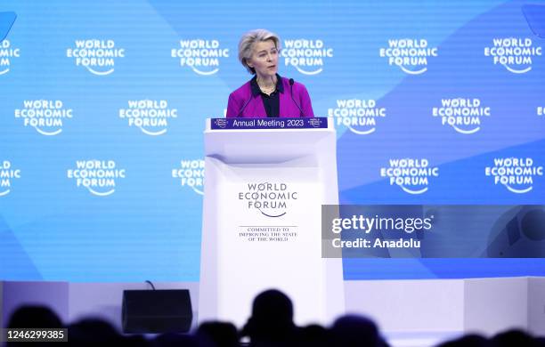 European Commission President Ursula von der Leyen speaks during the World Economic Forum Annual Meeting in Davos, Switzerland on January 17, 2023.