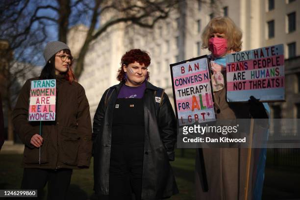 Trans rights activists protest outside the Ministry of Defence Main Building in Whitehall on January 17, 2023 in London, England. Rishi Sunak...