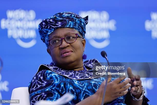 Ngozi Okonjo-Iweala, director-general of the World Trade Organization , speaks during a panel session on the opening day of the World Economic Forum...