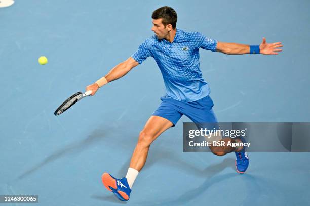 Novak Djokovic of Serbia during his game against Roberto Carballes Baena of Spain during the 2023 Australian Open at Melbourne Park on January 17,...