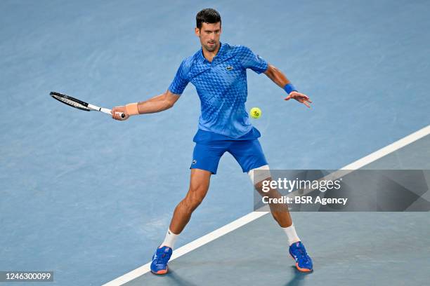 Novak Djokovic of Serbia during his game against Roberto Carballes Baena of Spain during the 2023 Australian Open at Melbourne Park on January 17,...