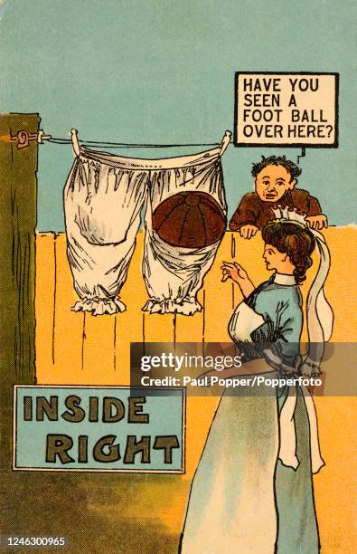 Humorous vintage postcard illustration featuring a football lodged in a lady's bloomers hanging on a washline, published in London, circa 1910.