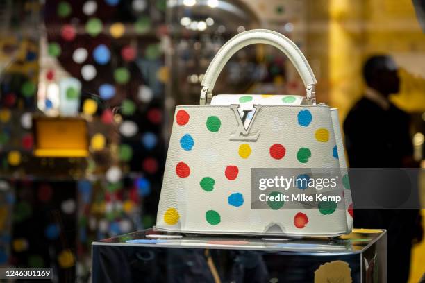 Yayoi Kusama collection with fashion house Louis Vuitton outside Harrods department store in Knightsbridge on 13th January 2023 in London, United...