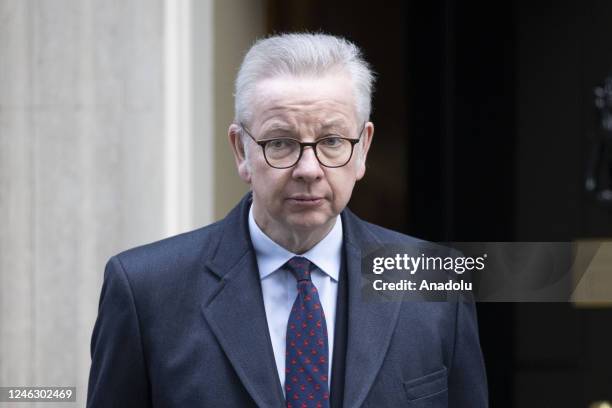 Secretary of State for Levelling Up, Housing and Communities Michael Gove leaves 10 Downing Street after attending the weekly Cabinet meeting chaired...