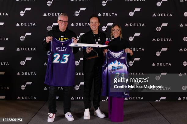 Ryan and Ashley Smith Owners of the Utah Jazz and Ed Bastian CEO of Delta announce the return of the naming rights agreement and long term...