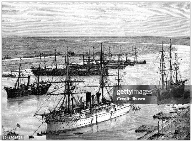 ancient illustration: suez channel - strait stock illustrations