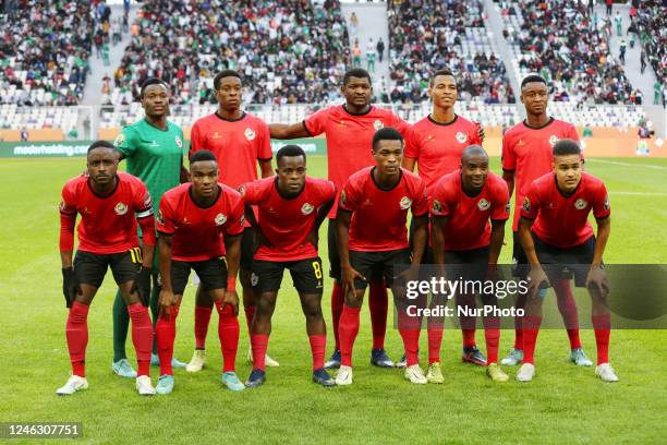 Mozambique players line up for the football match, during the Group A match of the CHAN-2022 7th African Nations Championship , reserved for local...