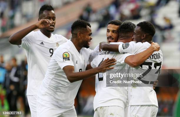 Libya players celebrate after scoring a goal during the Group A match of the 7th CHAN-2022 African Nations Championship , only for local players, at...