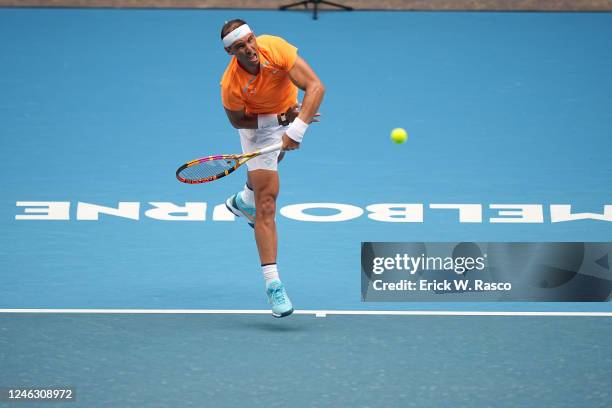 Australian Open: Rafael Nadal of Spain in action, serving vs Jack Draper of Great Britain during the First Round at Melbourne Park. Melbourne,...