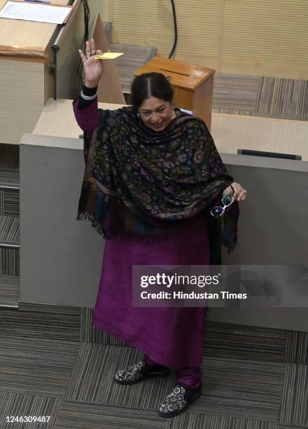 Chandigarh MP Kirron Kher cast their vote during mayor election at the municipal corporation office on January 17, 2023 in Chandigarh, India. BJP...