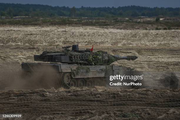 The German Leopard tank used in Polish army is seen at the training grounds in Nowa Deba on September 21 in Nowa Deba, Subcarpathian Voivodeship,...