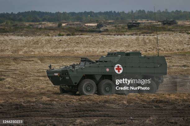Polish army armoured ambulance is seen at the training ground in Nowa Deba on September 21 in Nowa Deba, Subcarpathian Voivodeship, Poland. Soldiers...
