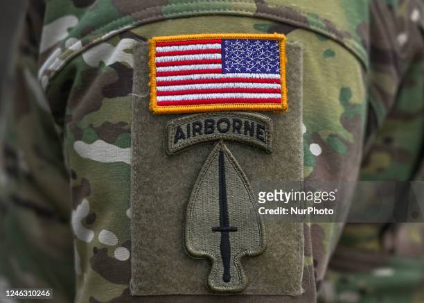 The U.S Army AIRBORN badge is seen on a uniform of American soldier who attends the training in Nowa Deba on September 21 in Nowa Deba, Subcarpathian...