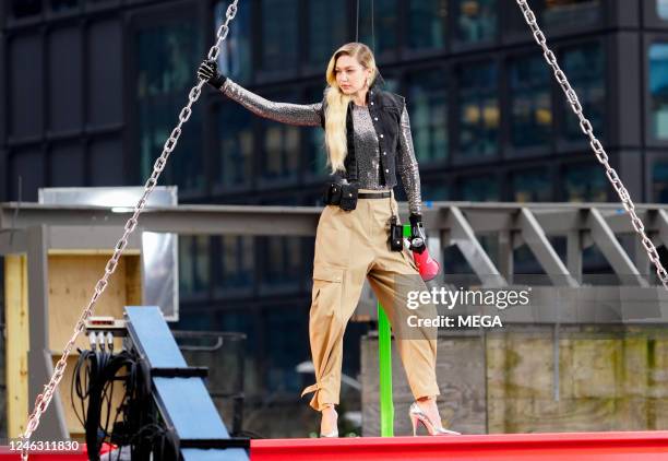 January 17: Gigi Hadid is seen during a photoshoot on January 17, 2023 in New York.