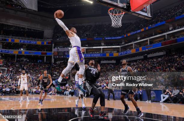 Russell Westbrook of the Los Angeles Lakers goes up for the dunk during the game against the Sacramento Kings on January 7, 2023 at Golden 1 Center...