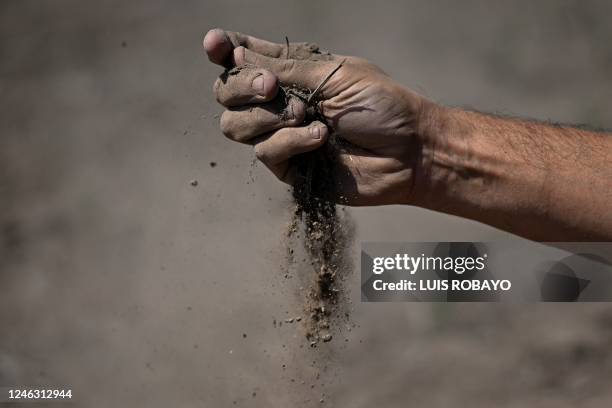 Man holds dry dirt in the middle of a field in Arrecife, Buenos Aires province, Argentina on January 17, 2023. - Argentina lost half of the soybean...