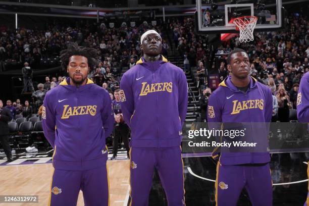 Los Angeles Lakers players standing for the national anthem prior to the game against the Sacramento Kings on January 7, 2023 at Golden 1 Center in...