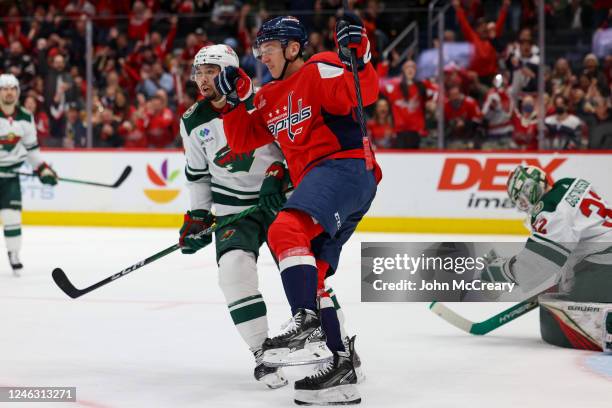 Martin Fehervary of the Washington Capitals celebrates a first period goal against the Minnesota Wild at Capital One Arena on January 17, 2023 in...