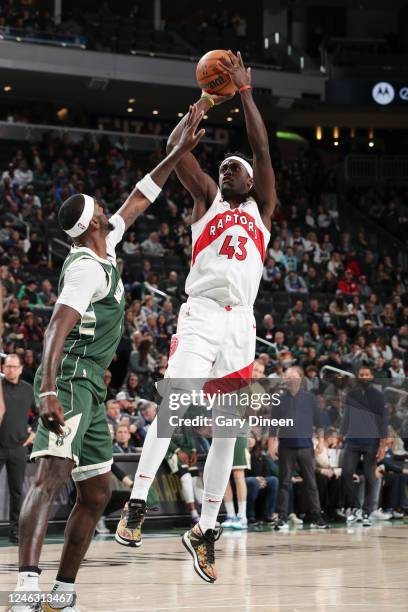 Pascal Siakam of the Toronto Raptors shoots the ball during the game against the Milwaukee Bucks on January 17, 2023 at the Fiserv Forum Center in...