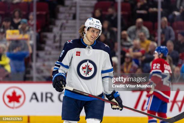 Morgan Barron of the Winnipeg Jets looks on during the second period of the NHL regular season game between the Montreal Canadiens and the Winnipeg...