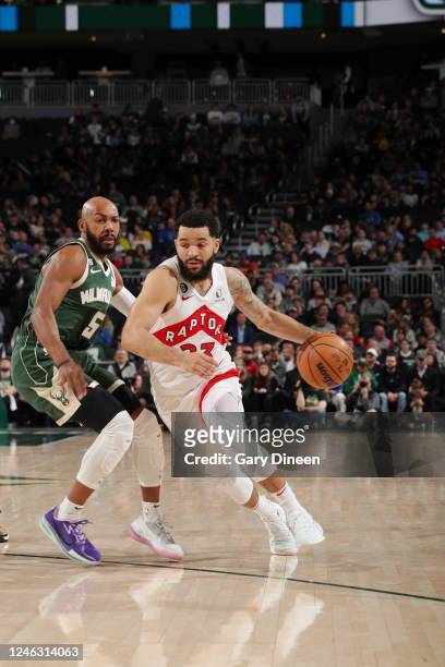 Fred VanVleet of the Toronto Raptors drives to the basket during the game against the Milwaukee Bucks on January 17, 2023 at the Fiserv Forum Center...