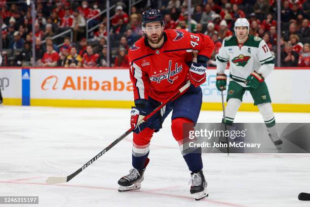 Tom Wilson of the Washington Capitals makes himself available for a pass during a game against the Minnesota Wild at Capital One Arena on January 17,...