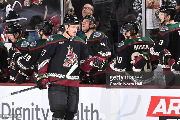 Nick Bjugstad of the Arizona Coyotes celebrates with teammates on the bench after scoring a goal against the Detroit Red Wings during the second...