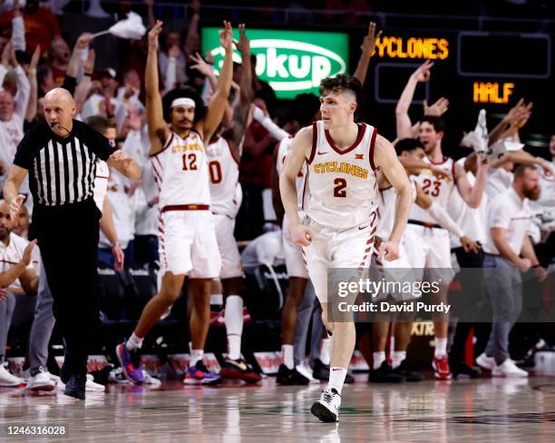 The Iowa State Cyclones bench celebrates after Caleb Grill of the Iowa State Cyclones sank a three point shot in the second half of play against the...