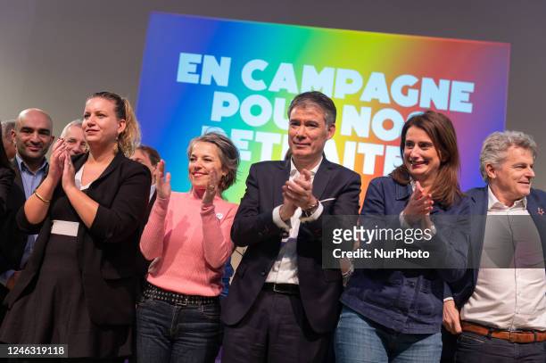 La France Insoumise MP Mathilde Panot , French Socialist Party first secretary Olivier Faure , EELV national secretary Marine Tondelier, French...