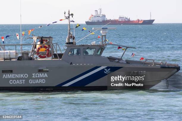 Hellenic Coast Guard vessel LS 135 / ?? 135 as seen patrolling in the waters of The Thermaic Gulf or Gulf of Salonika with the celebration flags and...