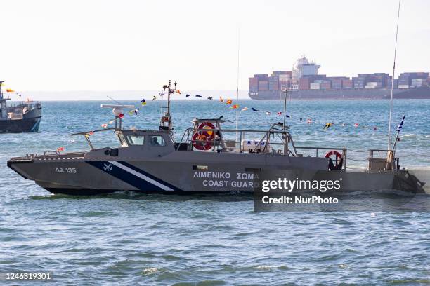 Hellenic Coast Guard vessel LS 135 / ?? 135 as seen patrolling in the waters of The Thermaic Gulf or Gulf of Salonika with the celebration flags and...