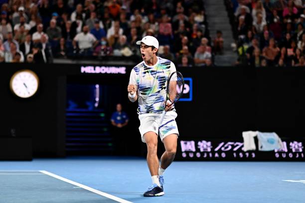 Mackenzie McDonald of the US reacts on a point against Spain's Rafael Nadal during their men's singles match on day three of the Australian Open...