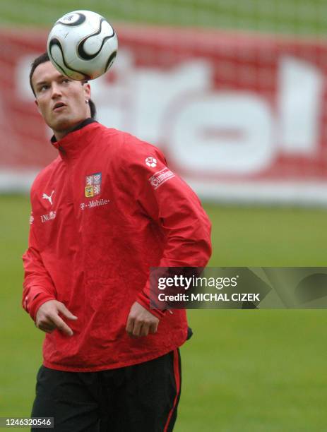 Czech national football team defender Martin Jiranek juggles with a ball, 23 May 2006, during a training session of the Czech national soccer team in...