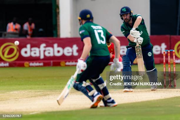 Ireland's Andy Balbirnie plays a shot during the first one day international cricket match between Zimbabwe and Ireland at the Harare Sports Club in...