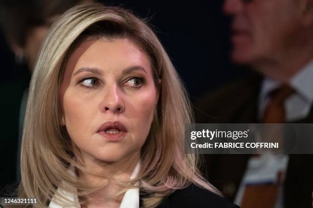 Ukraine's First Lady Olena Zelenska looks on after the reported death of Ukraine's interior minister as she attends a special dialogue with CEO's...