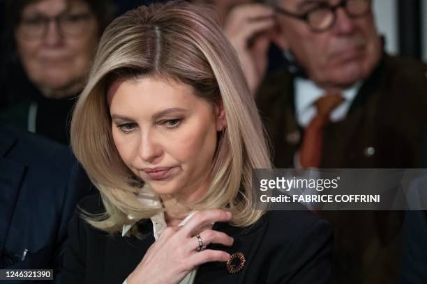 Ukraine's First Lady Olena Zelenska looks on after the reported death of Ukraine's interior minister as she attends a special dialogue with CEO's...