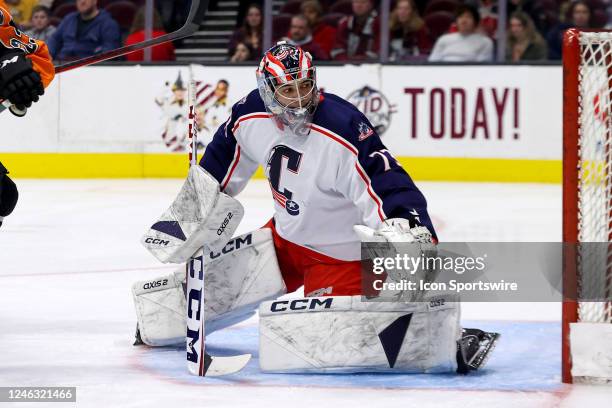 Cleveland Monsters goalie Jet Greaves in goal during the first period of the American Hockey League game between the Lehigh Valley Phantoms and...