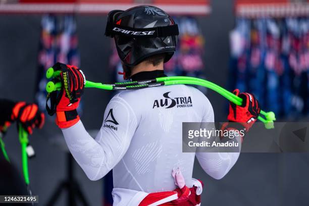 Team Austria athlete is getting ready for the 1st training of the 83rd Hahnenkamm Race at Kitzbuhel, Austria on January 17, 2022.