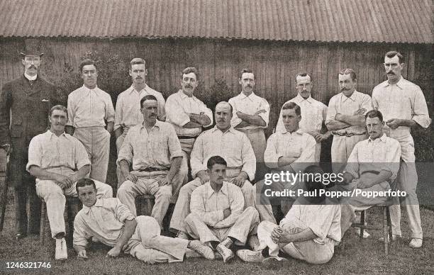 Team photograph featuring members of the inaugural South African cricket tour of England, published in "Cricket: A Weekly Record of the Game",...