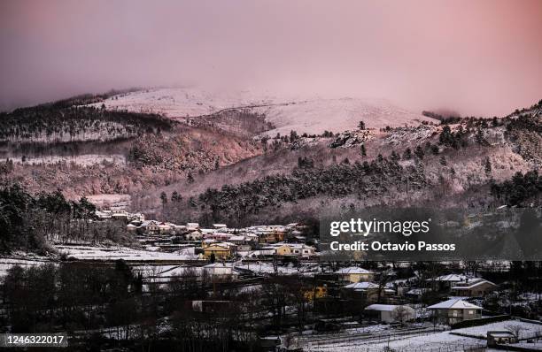 General view of snow lying on the village of Ansiaes on January 18, 2023 in Vila Real, Portugal. The storms 'Gerard' and 'Fien' are arriving in...