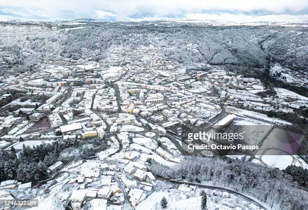 General view of snow lying on the village of Vila Pouca de Aguiar on January 18, 2023 in Vila Real, Portugal. The storms 'Gerard' and 'Fien' are...