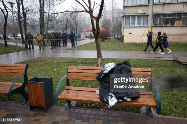 Police cordon off the site where a helicopter crashed in the Brovary city of Ukraineâs Kyiv region on January 18, 2023. Killed at least 16 people,...