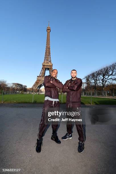 DeMar DeRozan of the Chicago Bulls and Zach LaVine of the Chicago Bulls pose for a photo at the Eiffel Tower as part of NBA Paris Games 2023 on...