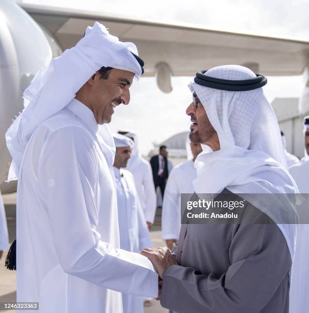 Emir of Qatar Sheikh Tamim bin Hamad Al-Thani is welcomed by President of United Arab Emirates Mohamed bin Zayed Al Nahyan in Abu Dhabi, United Arab...