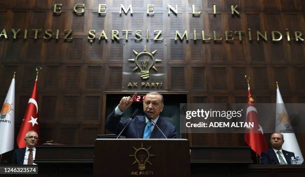 Turkish President and leader of the Justice and Development Party Recep Tayyip Erdogan speaks during a group meeting at the Turkish Grand National...
