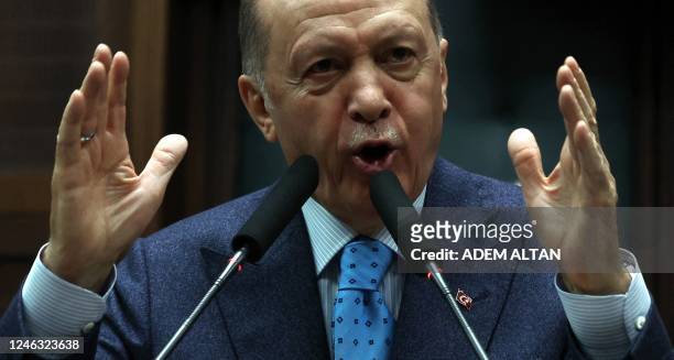 Turkish President and leader of the Justice and Development Party Recep Tayyip Erdogan speaks during a group meeting at the Turkish Grand National...