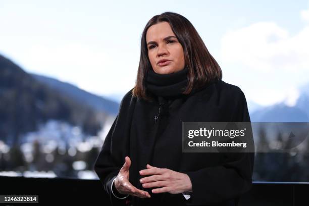 Sviatlana Tsikhanouskaya, opposition leader of Belarus, during a Bloomberg Television interview on day two of the World Economic Forum in Davos,...