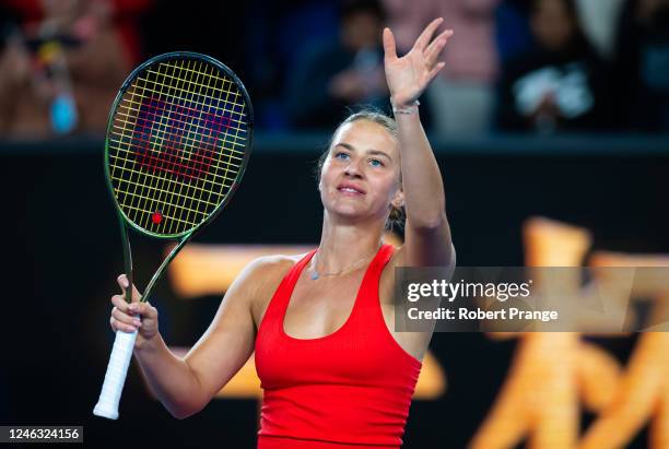 Marta Kostyuk of Ukraine celebrates defeating Olivia Gadecki of Australia in her second round match on Day 3 of the 2023 Australian Open at Melbourne...